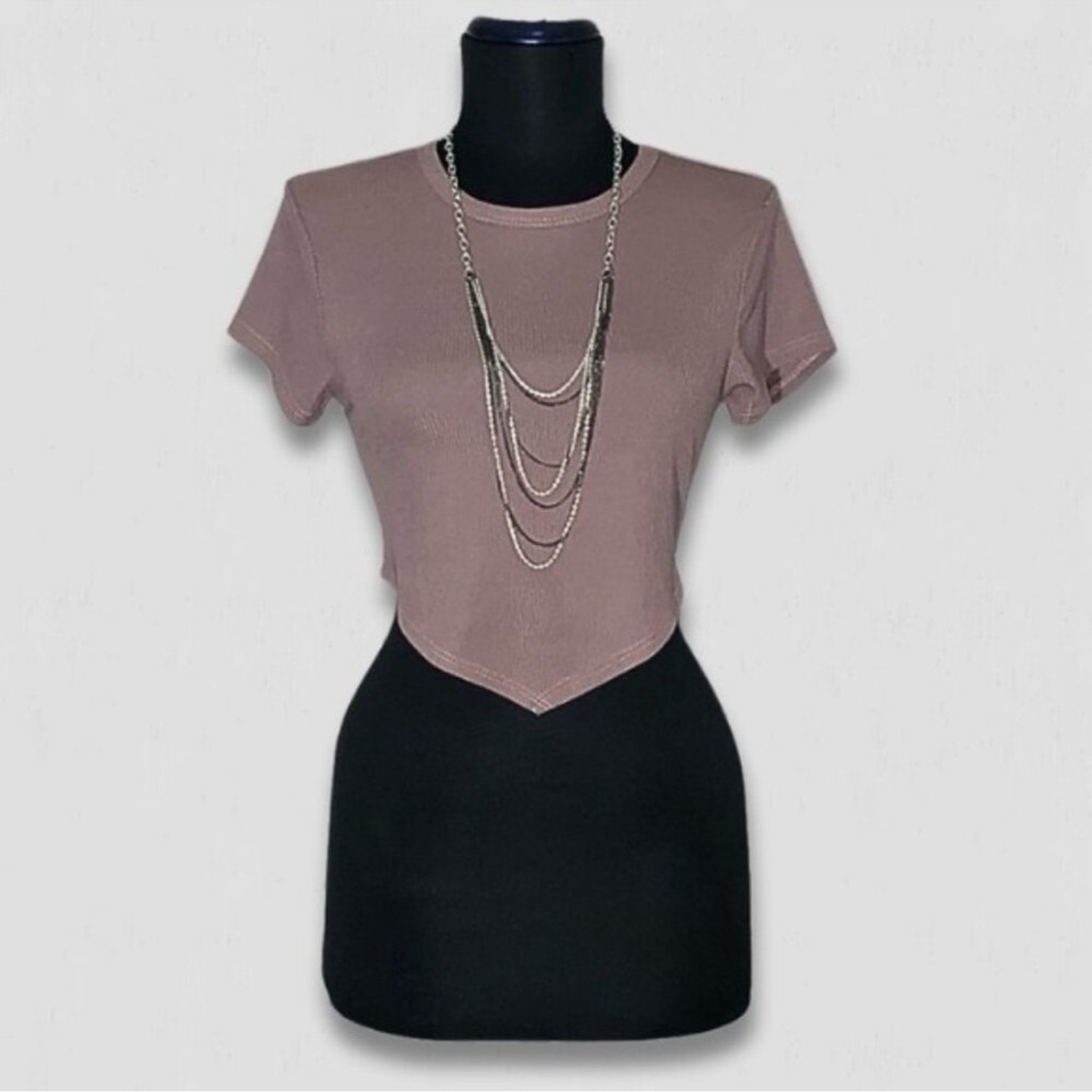 Just Polly Ribbed Cropped Top Pointed Hem Short Sleeves Stretchy Rose Pink sz M